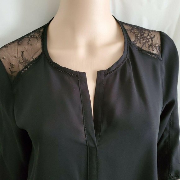 Fever Women's Sheer Lace Trim Inset Long Sleeve Tie Cuff Blouse Black Sz Medium - Picture 4 of 9